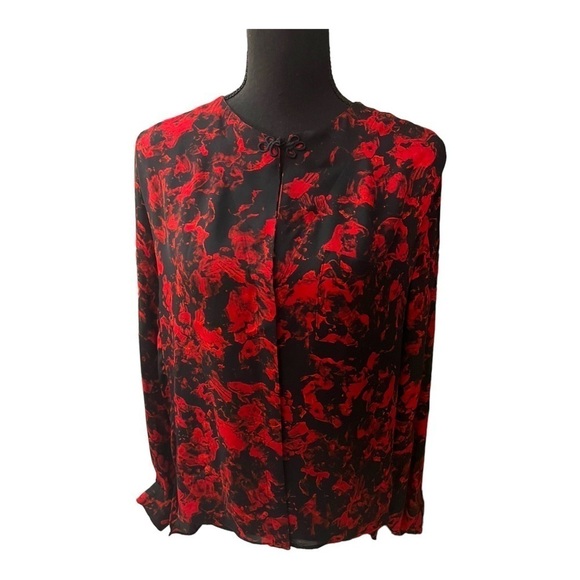 Parker Red Black Silk Long Sleeve Blouse Medium - Picture 1 of 8